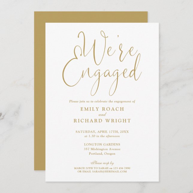 We're Engaged Gold Script Engagement Party Invitation (Front/Back)
