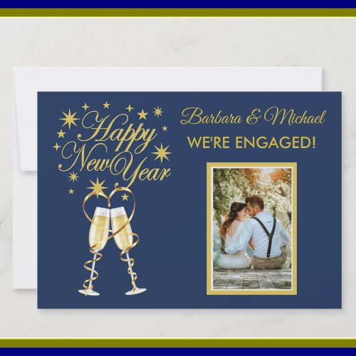 Were Engaged Happy New Year Gold Blue Photo Invitation