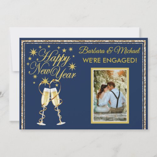 Were Engaged Happy New Year Gold Blue Photo Invitation