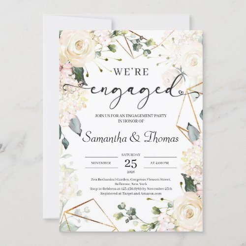 Were engaged invitaion white roses hydrangeas invitation