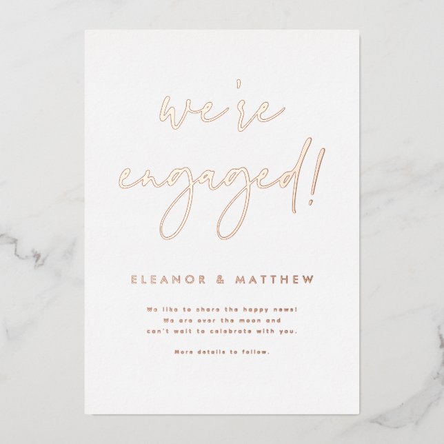We're Engaged Lettering Photo Engagement Rose Gold Foil Invitation (Front)