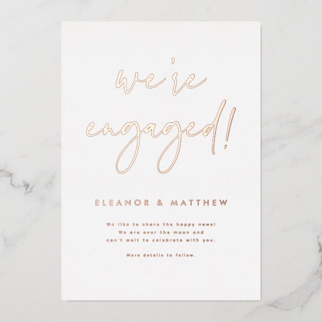 We're Engaged Lettering Photo Engagement Rose Gold Foil Invitation (Front)