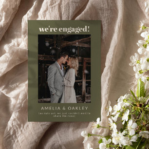 We're Engaged Minimalist Elegant Photo Olive Green Announcement