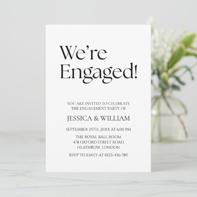 We're Engaged Minimalist Engagement Party Invitation (Standing Front)