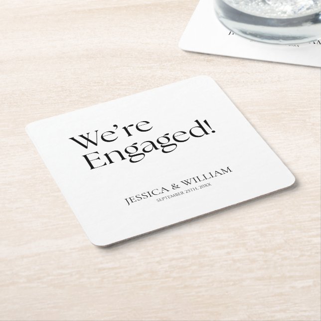 We're Engaged Minimalist Engagement Party Square Paper Coaster (Angled)