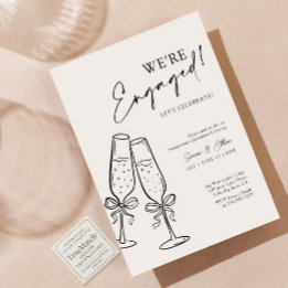 We're Engaged Modern Black Bow Champagne Party Invitation