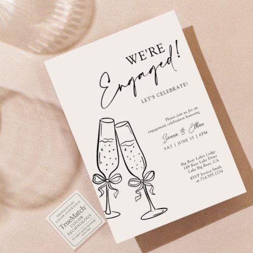 We're Engaged Modern Black Bow Champagne Party Invitation