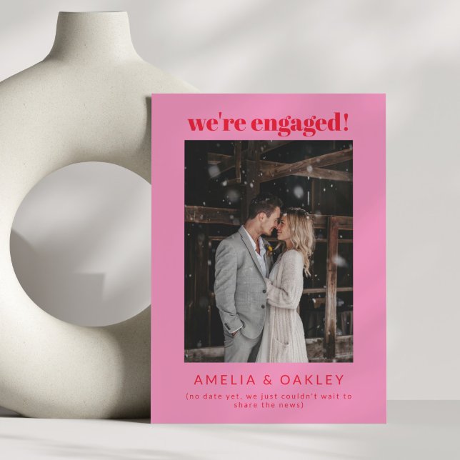 We're Engaged Modern Bright Pink Red Couple Photo Announcement (Creator Uploaded)