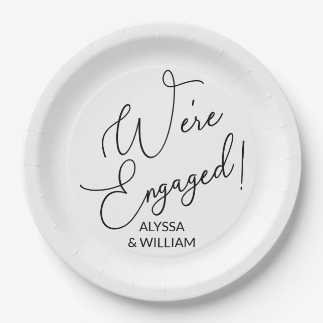 We're Engaged Modern Script Font Paper Plates (Front)