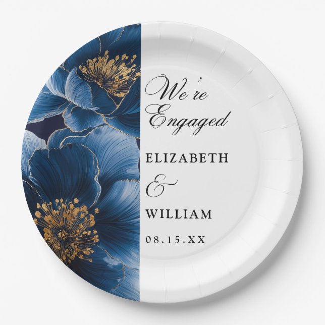 We're Engaged Navy Blue Floral Engagement Party Paper Plates (Front)