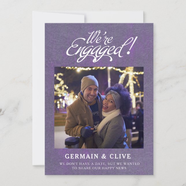 We're Engaged Photo Purple and White Engagement Announcement (Front)