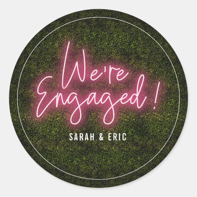 We're Engaged Pink Neon Engagement Party Classic Round Sticker (Front)