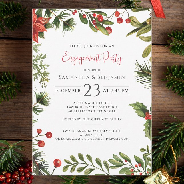 We're Engaged Red Berries Engagement Party Invitation (Christmas Botanical Red Berries Party Invitation)