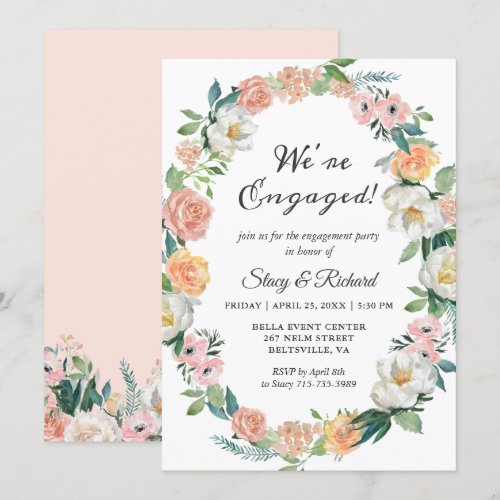 We're Engaged Roses Floral Wreath Engagement Party Invitation