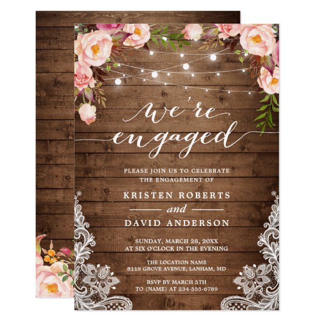 We're Engaged Rustic Floral Lace Engagement Party Invitation