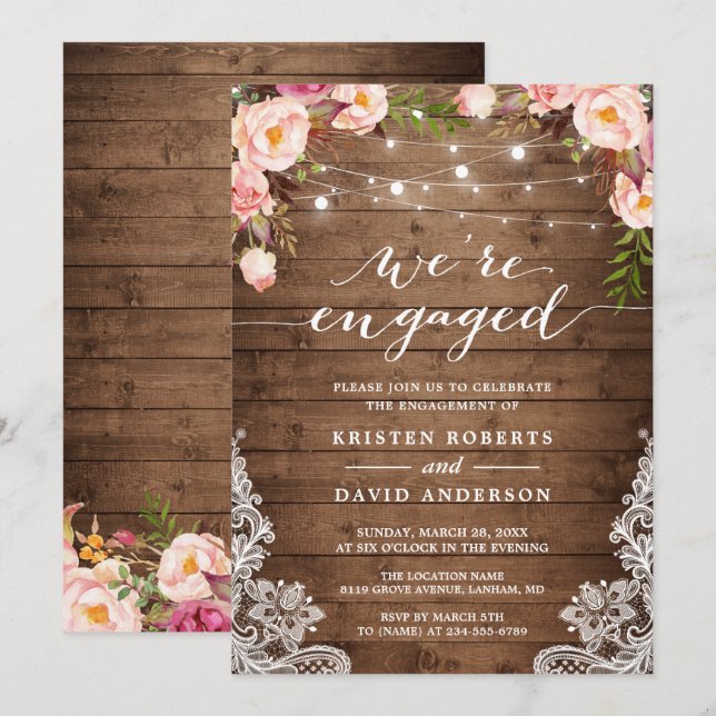We're Engaged Rustic Floral Lace Engagement Party Invitation (Front/Back)