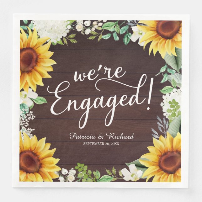We're Engaged Rustic Sunflowers Engagement Party Paper Dinner Napkins (Front)