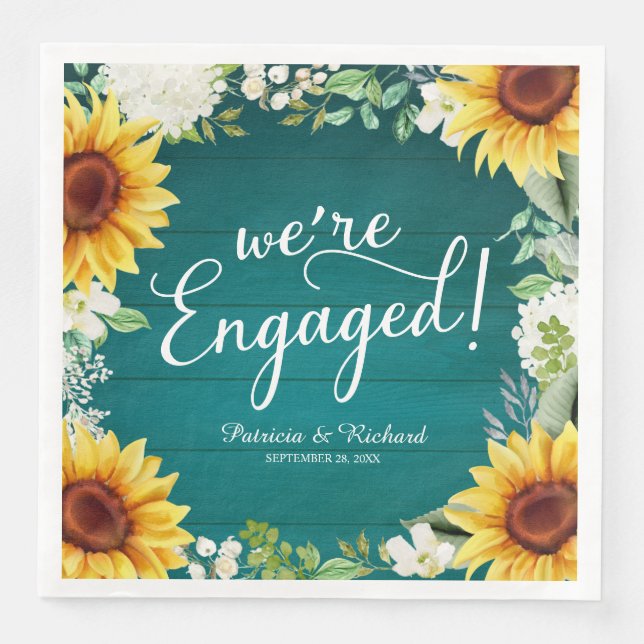 We're Engaged Rustic Sunflowers Engagement Party Paper Dinner Napkins (Front)