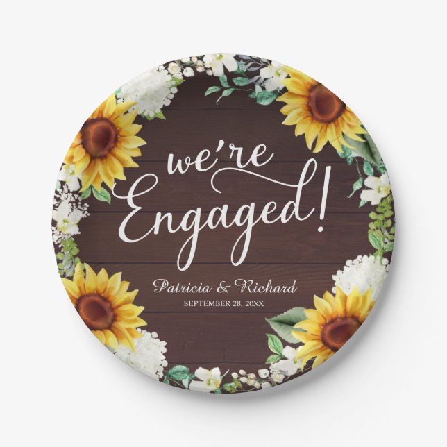 We're Engaged Rustic Sunflowers Engagement Party Paper Plates (Front)