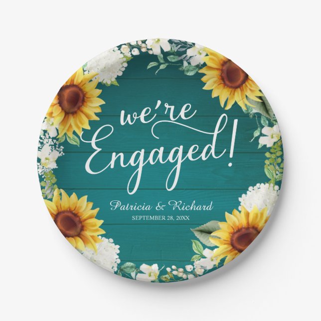 We're Engaged Rustic Sunflowers Engagement Party Paper Plates (Front)