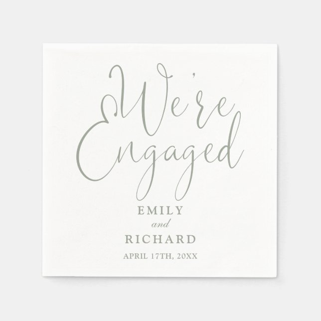 We're Engaged Sage Green Script Engagement Party  Napkins (Front)