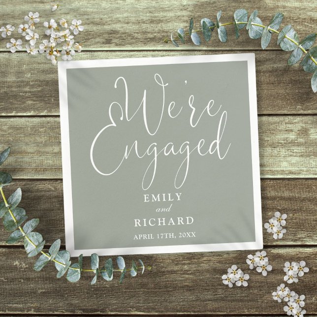 We're Engaged Sage Green Script Engagement Party  Napkins (We're Engaged Sage Green Script Engagement Party Napkins)