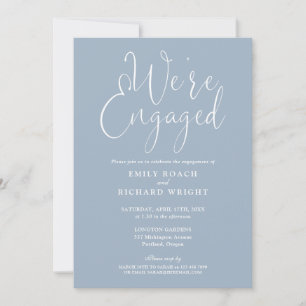 We're Engaged Script Dusty Blue Engagement Party Invitation