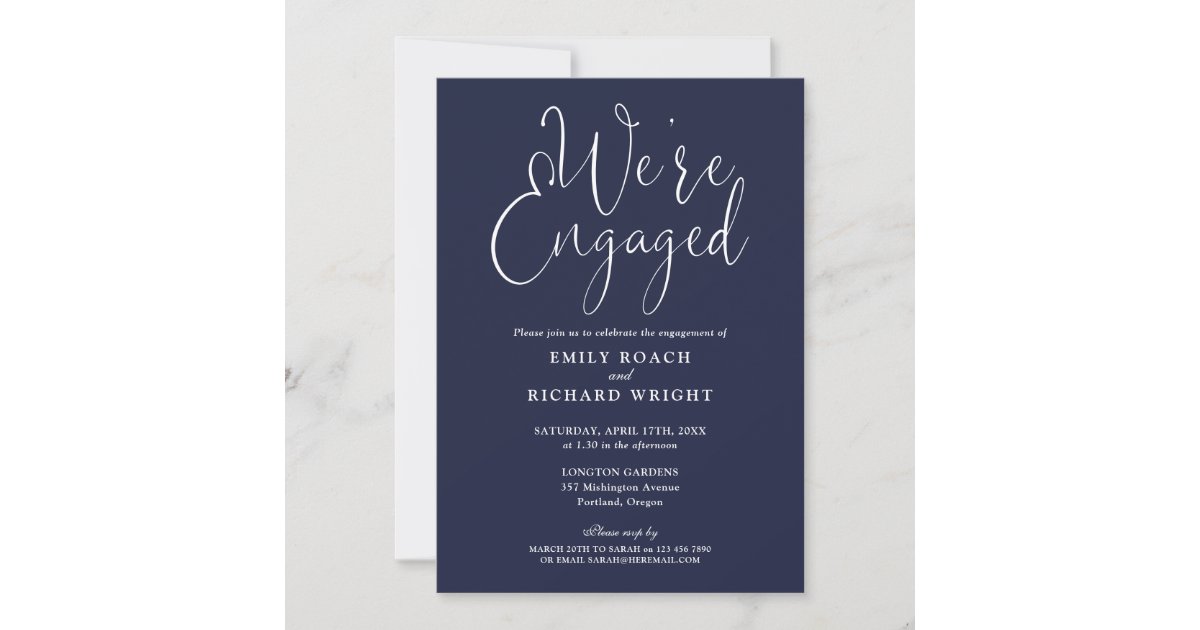 Engagement Script We're Engaged Script Navy Blue Engagement Party Invitation | Zazzle