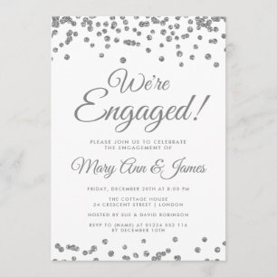 We're Engaged! Silver Glitter Confetti Invitation