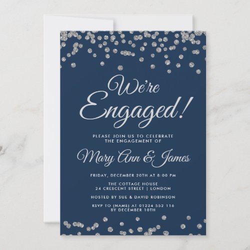 Were Engaged Silver Glitter Confetti Navy Blue Invitation