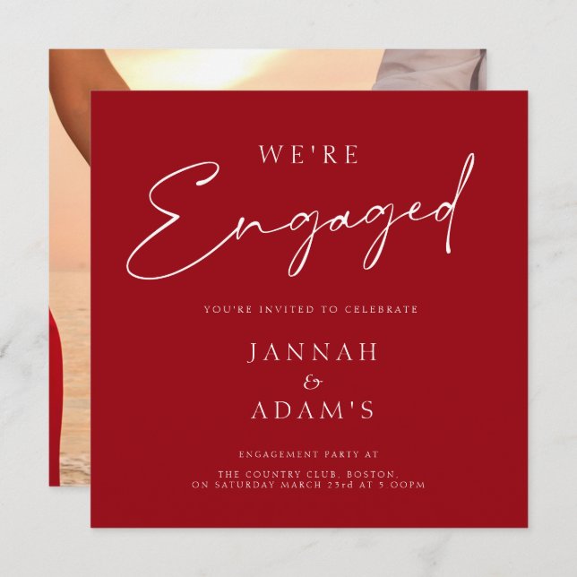 We're Engaged Simple Photo Crimson Red Engagement Invitation (Front/Back)