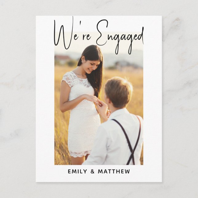 We're Engaged Simple Script Photo Engagement Party Postcard (Front)