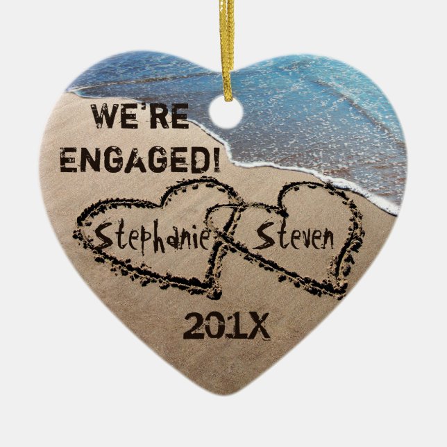 We're Engaged Two Hearts In Sand Holiday Ornament (Front)
