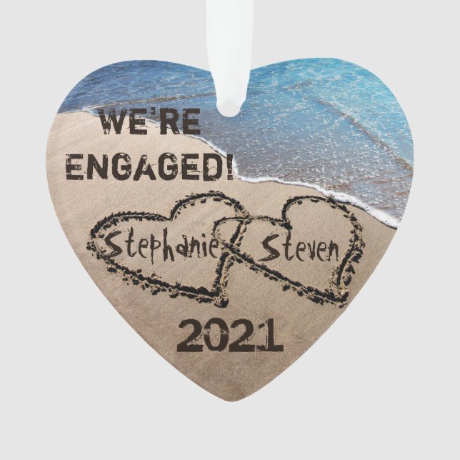 We're Engaged! Two Hearts In Sand Ornament (Front)