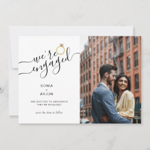 We're Engaged with couple's photo engagement Announcement