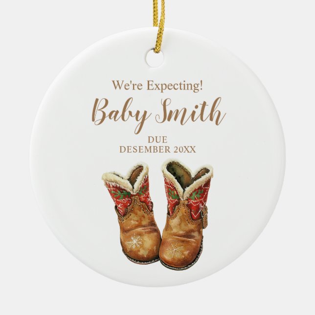 We're Expecting Baby Boots Pregnancy Announcement Ceramic Ornament (Front)