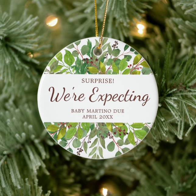 We're Expecting Baby Personalized Pregnancy Reveal Ceramic Ornament (Tree)