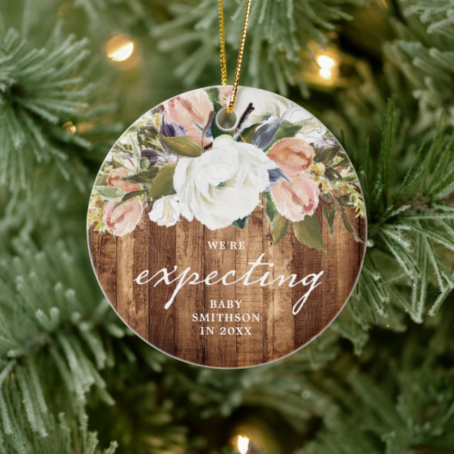 We're Expecting Personalized Pregnancy Reveal Wood Ceramic Ornament (Tree)