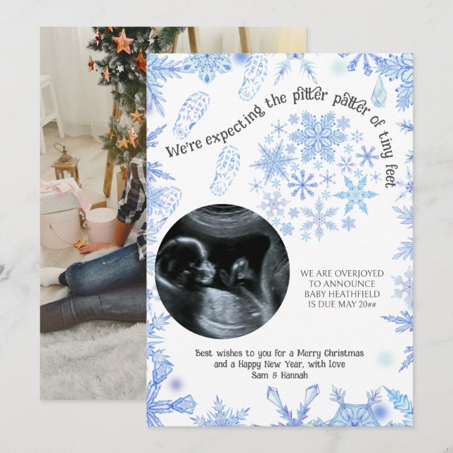 We're Expecting Tiny Santa Feet Snowflakes 2 Photo Announcement (Front/Back)
