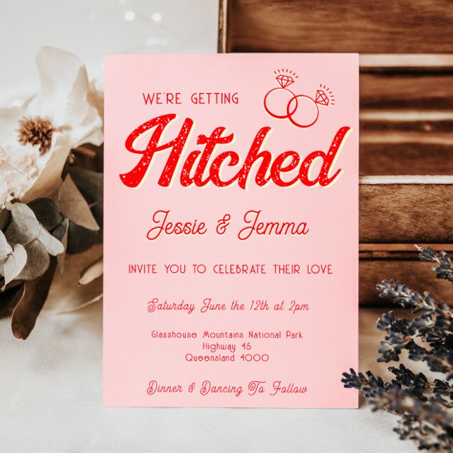 We're Getting Hitched Lesbian Pink Red Wedding Invitation (Creator Uploaded)