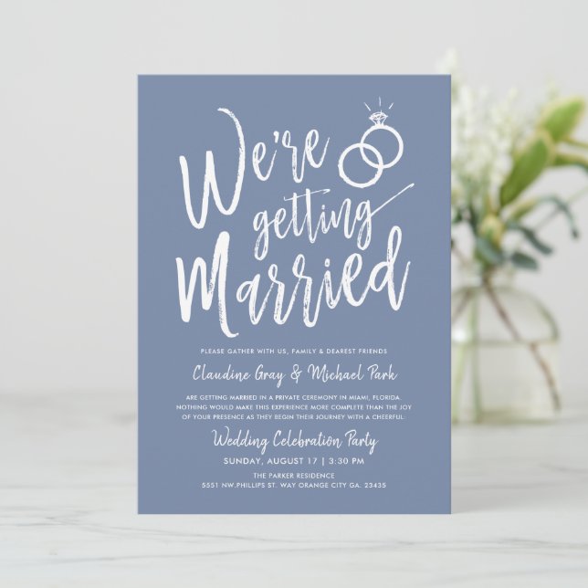 We're Getting Married Post-Wedding Pigeon Blue Invitation (Standing Front)