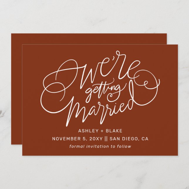 We're getting married Rust Simple Calligraphy Save The Date (Front/Back)