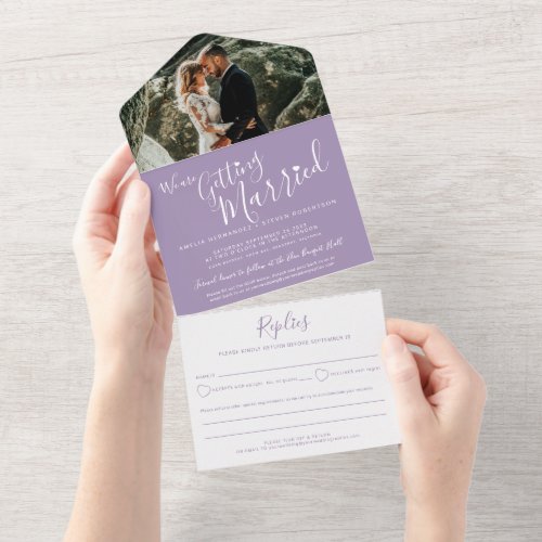 Were getting married wedding party photo purple all in one invitation
