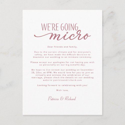 Were Going Micro Downsize Wedding Announcement Postcard