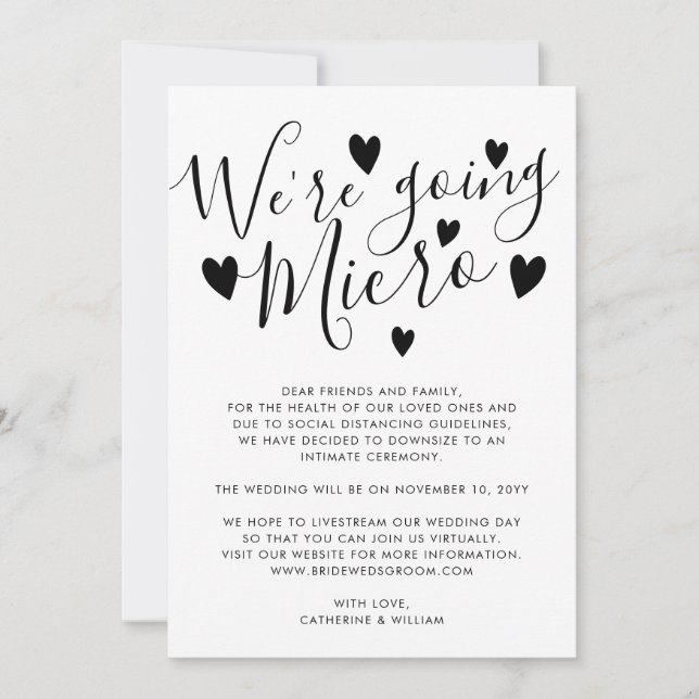 We're Going Micro Small Wedding Downsizing Hearts Announcement (Front)