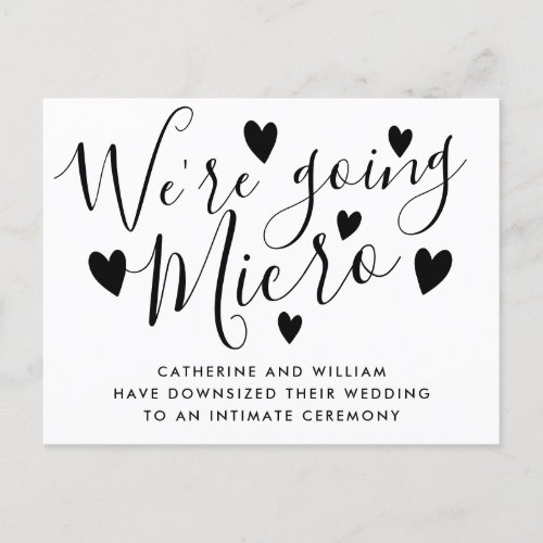 Were Going Micro Smaller Wedding Script Hearts Announcement Postcard