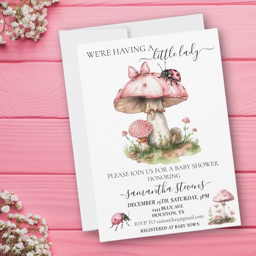 Were Having a Little Lady Ladybug Pink Mushroom Invitation