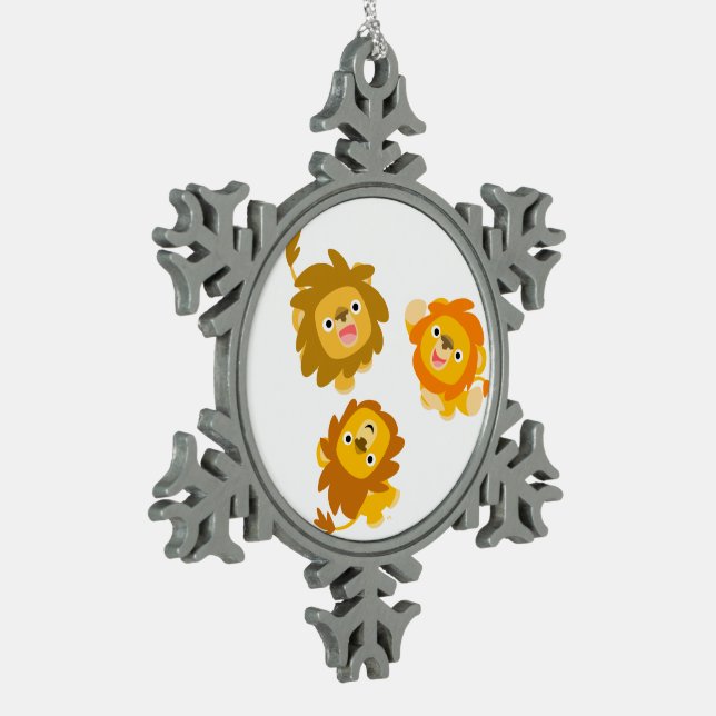 "We're Here!!" Cute Cartoon Lions Pewter Ornament (Left)
