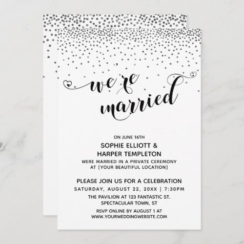 Were Married Hearts Script Silver Confetti Party Invitation