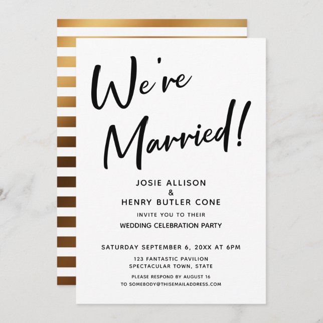 We're Married Modern Wedding Reception Gold Stripe Invitation (Front/Back)